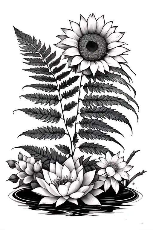 fern leaf in the center, with sunflower, cherry blossoms, and lotus flowers around it tattoo design idea