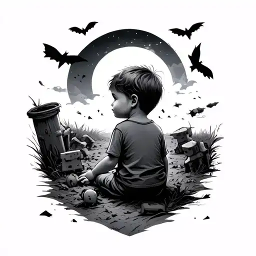 melancholic tattoo design showing a young child sitting alone under a dark sky, surrounded by broken toys and with a pai tattoo design idea