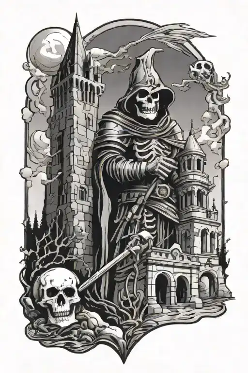 1970s dark fantasy with knight, wizard, castle, and skeleton tattoo design idea