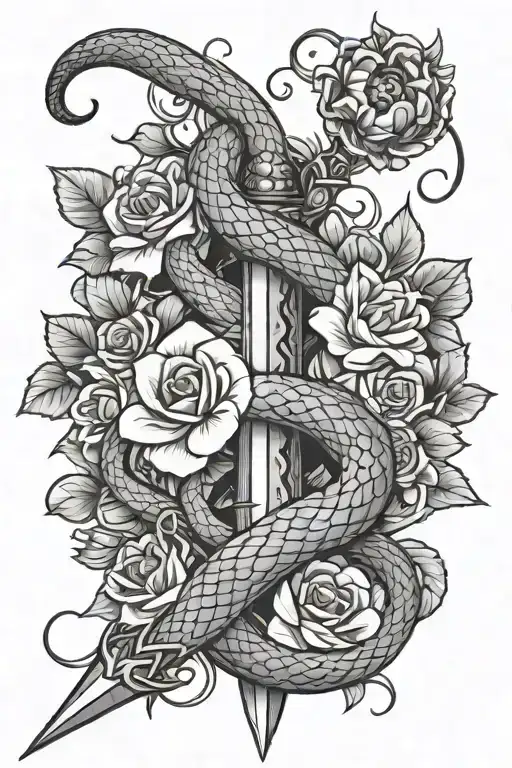snake wrapped around a dagger with flowers surrounding tattoo design idea
