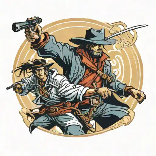 a cowboy dueling a samurai warrior tattoo design idea