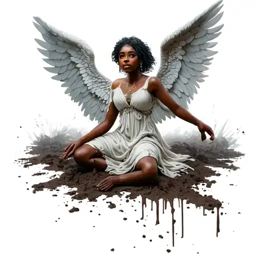 black African American angel. clear face. beautiful. young woman spreading wings. with mud on feet tattoo design idea