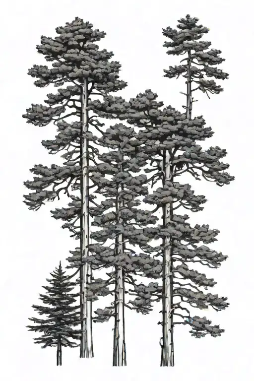 three trees in a row that are all similarly sized - a Redwood, a Monterey Cypreee, and a White Spruce tattoo design idea