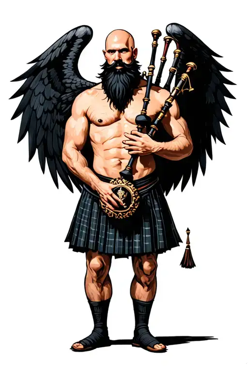 legless shirtless muscular bagpiper bald black beard playing bagpipes huge black wings black background tattoo design idea
