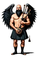 legless shirtless muscular bagpiper bald black beard playing bagpipes huge black wings black background tattoo design idea