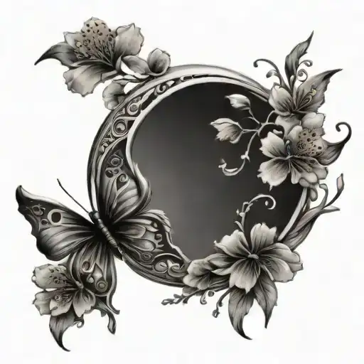a crescent moon with cherry blossoms, 3 feathers and a 3d butterfly tattoo design idea