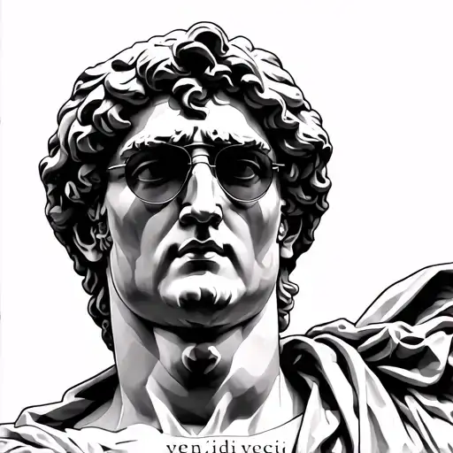 JULIUS CAESAR STATUE front facing, with words "veni, vidi, veci" under his face NO SUNGLASSES  tattoo design idea