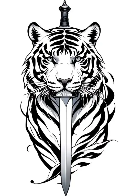 White tiger and sword surrounded stylus femme tattoo design idea