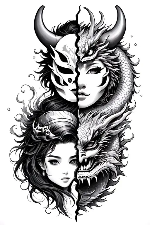 oni mask split in half with girl and a japanese dragon wrapped around it sleeve tattoo design idea