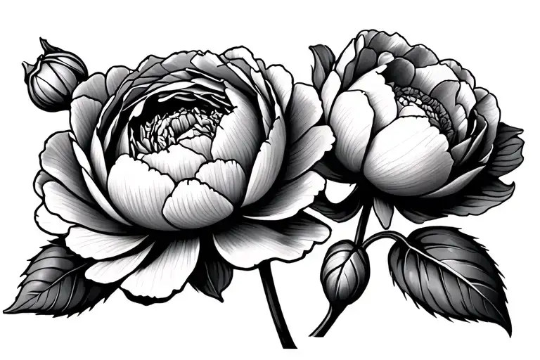 2 peonies with 2 buds on each side with 2 leaves on each bud tattoo design idea