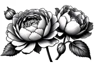 2 peonies with 2 buds on each side with 2 leaves on each bud tattoo design idea