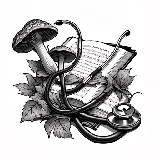 A black-grey tattoo of a stethoscope tangled with vines of Morel mushrooms, with a book and a music sheet in the background tattoo design idea