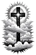 cross with clouds and sun shaded behind it  tattoo design idea
