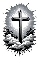 cross with clouds and sun shaded behind it  tattoo design idea