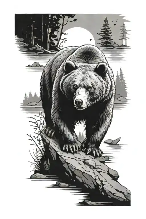 bear with a fish on a rock in a creek with woods and moonlight tattoo design idea