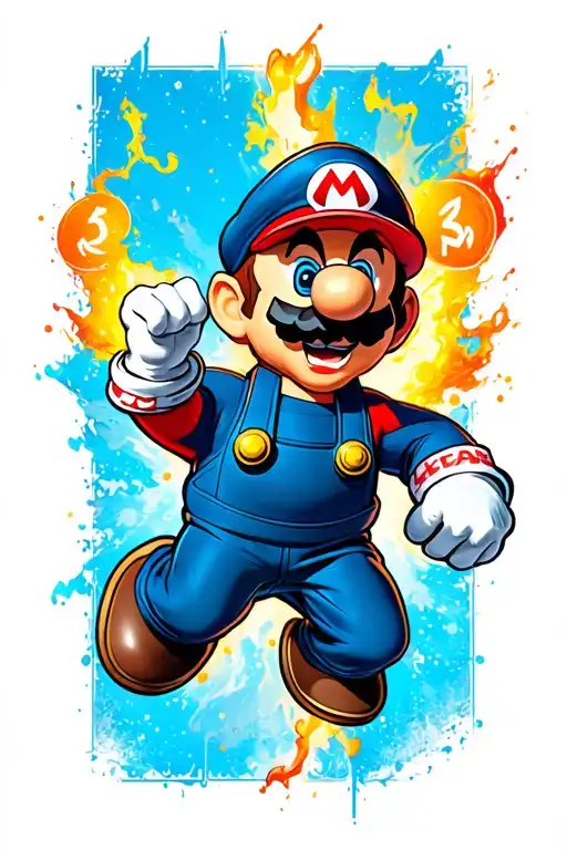Super Mario. With his classic outfit and iconic jump. Show three lives, but only one should remain. The other two should be gone. I'll get it on my forearm, so it shouldn't be too big. tattoo design idea