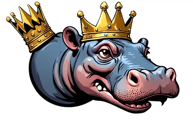 a hippo's head wearing a tilted crown tattoo design idea