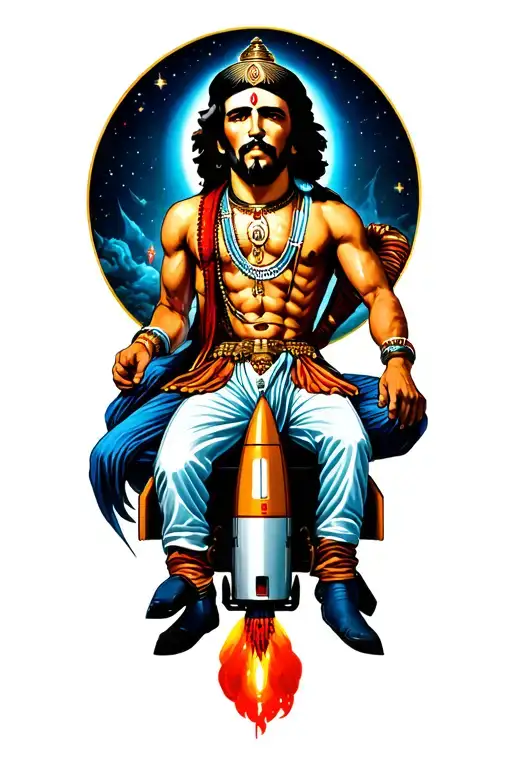vishnu sits with che guevara and they ride on a rocket ship  tattoo design idea