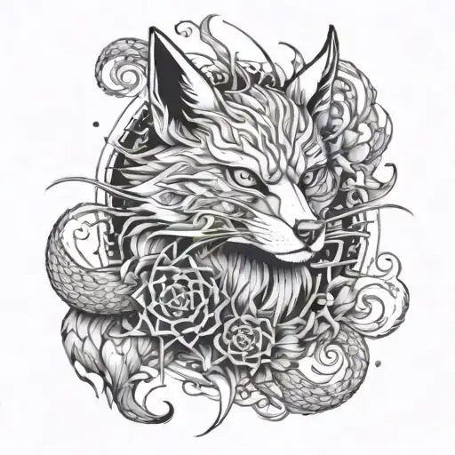 An eerie composition of a 9 tailed fox with oni masks as its tails, surrounded by swirling spiderwebs tattoo design idea