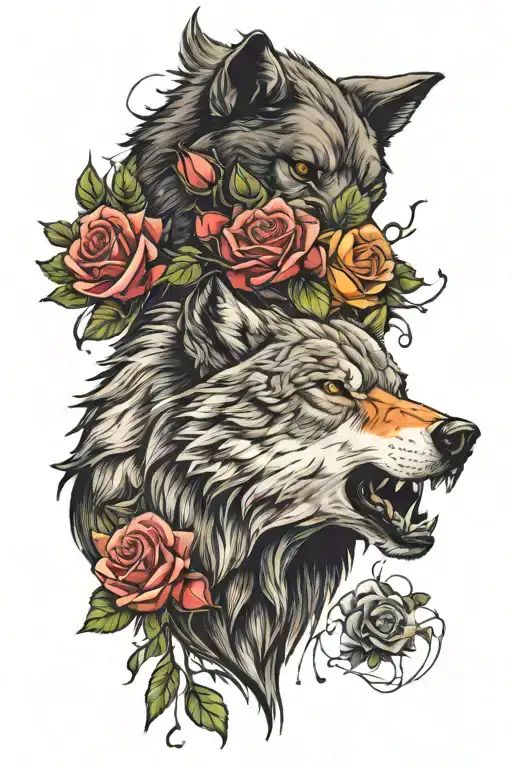 wolf and rose and bear head tattoo design idea