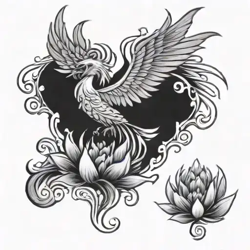 Phoenix woth lotus flower blooming tattoo design idea