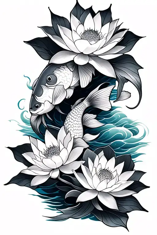three lotus flowers and a koi fish sleeve with waves tattoo sleeve tattoo design idea