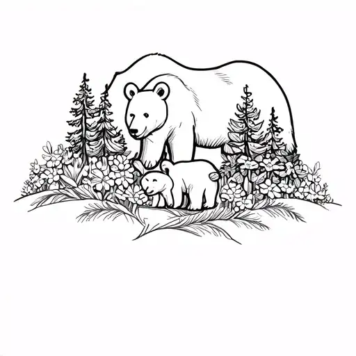 mountain range with trees, mamma and baby bear outline with sweetpea flowers in the mamma bear  tattoo design idea