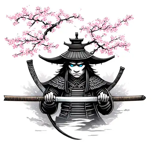 samurai with blue eyes and katana sword with traditional japanesse house under samurai and cherry blossoms tattoo design idea