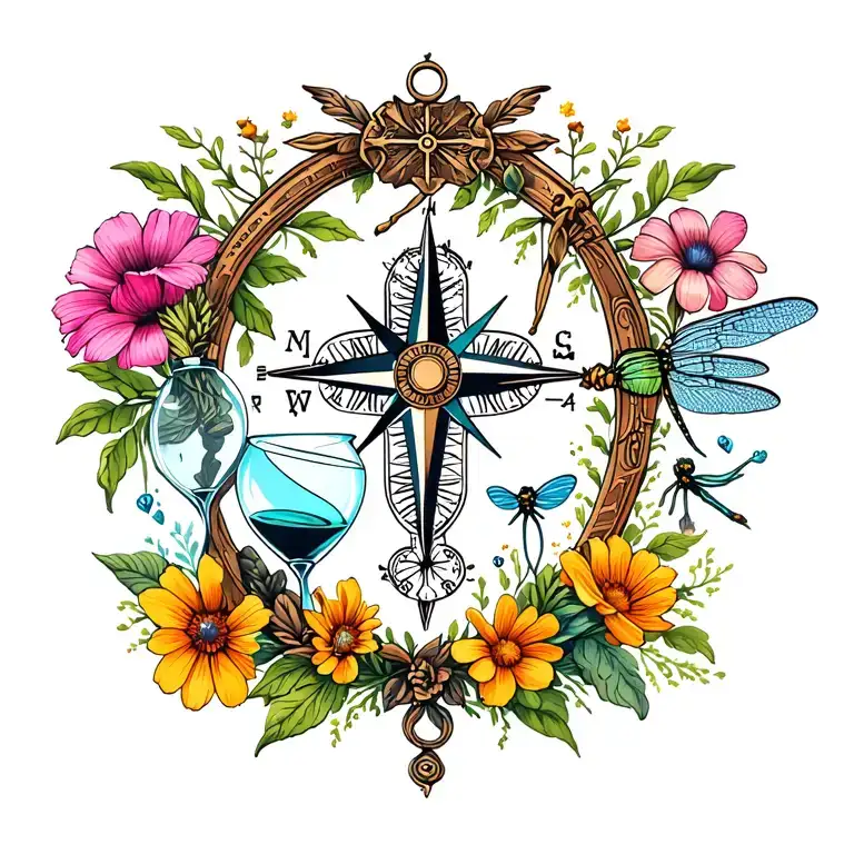 wildflower collage featuring compass, hourglass, ornamental cross and dragonfly tattoo design idea