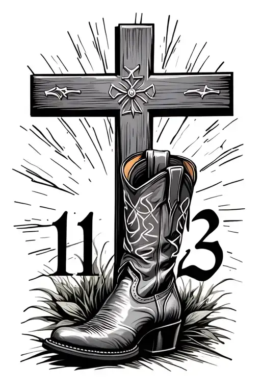 November 23 2024 in Roman numerals standing straight up with a cowboy boot leaning on a cross with 11, 23, 2024  tattoo design idea