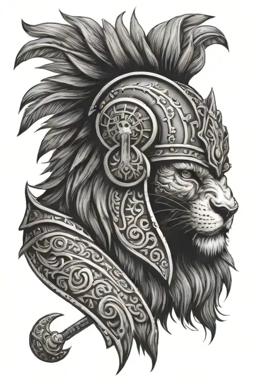 lion and gladiator helmet adorned with intricate tattoo design idea