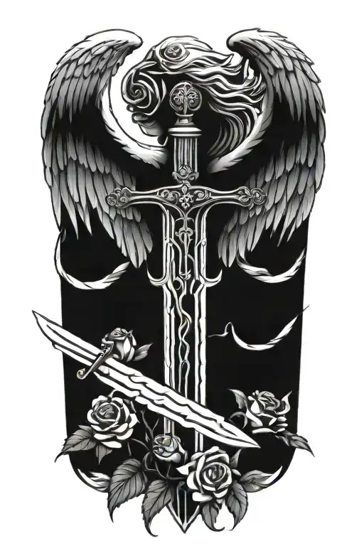 angel wings behind sword, roses tattoo design idea