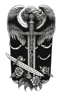 angel wings behind sword, roses tattoo design idea