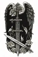 angel wings behind sword, roses tattoo design idea