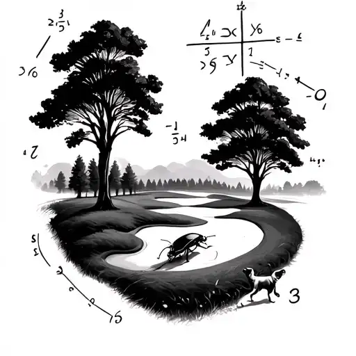 A golf course landscape with math equations hidden in the trees and a dog chasing a beetle tattoo design idea
