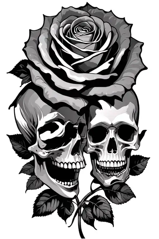 rose surrounded skulls facing each other tattoo design idea