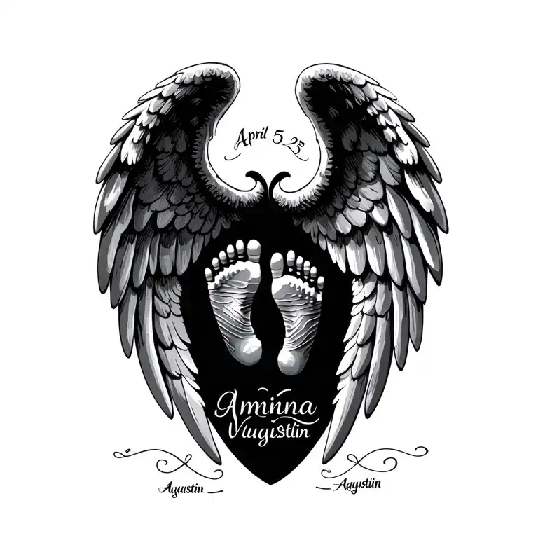 angel wings around April 5th 2025 name Amina Viarlie Augustin and baby footprints tattoo design idea