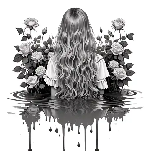 see the back of a long-haired girl as she melts into a puddle with a rose garden reminiscent of Alice in wonderland  tattoo design idea
