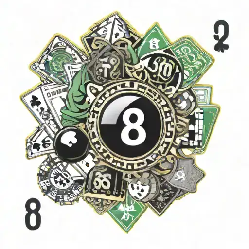 poker and 8 ball pool, mixture showing 25/9/1989, $25 chip, american 9 ball, Ace 9 8 9 different suits, with background tattoo design idea