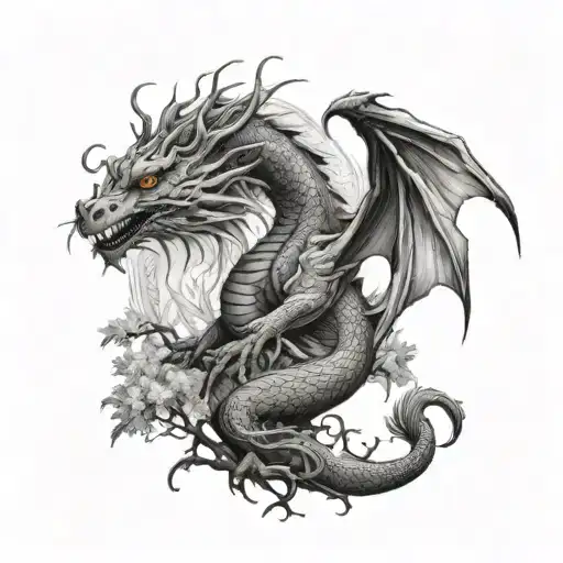 dragon under a willow tree tattoo design idea