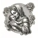 grey wash  dot work a figure of madonna holding her baby from the left shoulder with banners for the birthday tattoo design idea