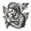 grey wash  dot work a figure of madonna holding her baby from the left shoulder with banners for the birthday tattoo design idea