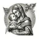 grey wash  dot work a figure of madonna holding her baby from the left shoulder with banners for the birthday tattoo design idea