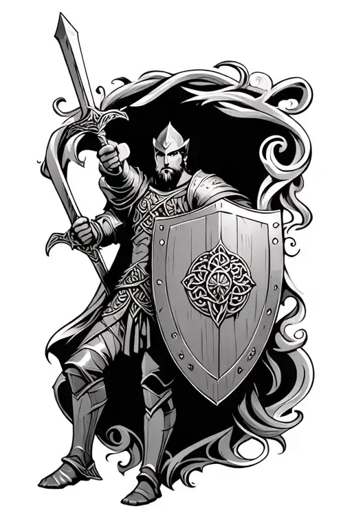celtic knight holding sword and shield tattoo design idea