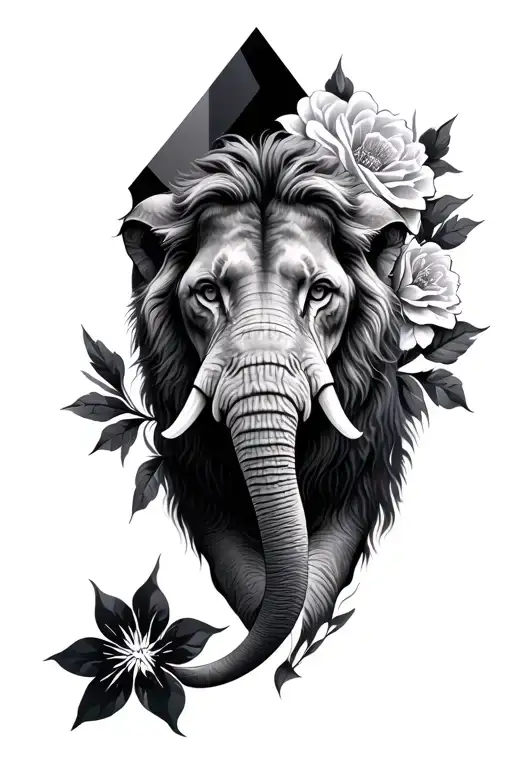 elephant lion flowers diamond tattoo design idea