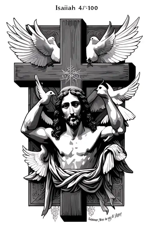 Cross with the face of Jesus Christ inside the cross, doves in the background, "Isaiah 41:10" tattoo design idea