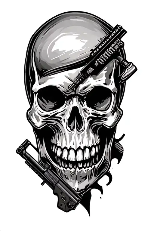 skull and m16 rifle morphing tattoo design idea