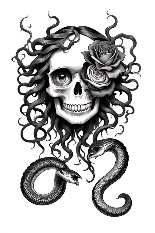 medusa with ink flowing from eyes with snakes going down around a skull with a rose in one eye and a snake out the other tattoo design idea