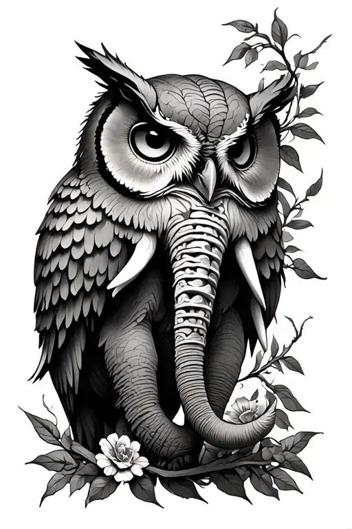 owl and elephant spine tattoo with vines wrapped tattoo design idea