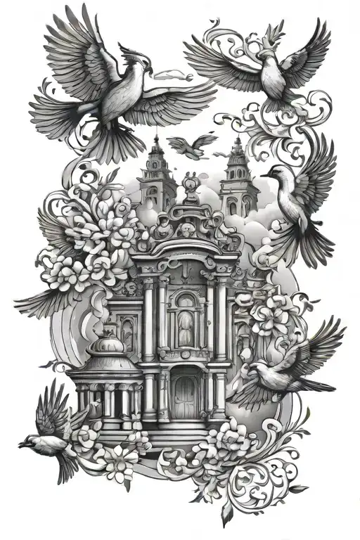 birds flying around heaven gates tattoo design idea